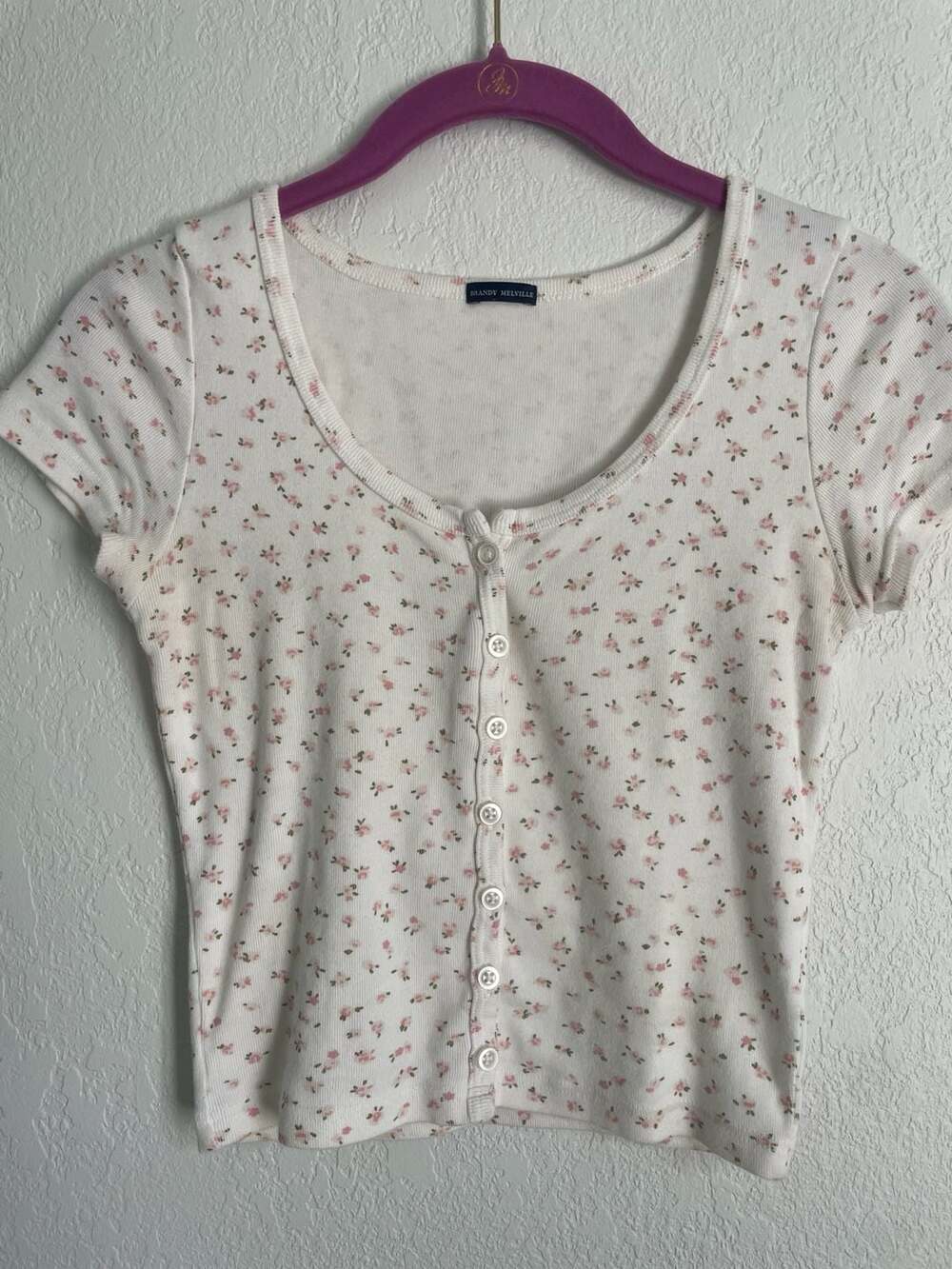 Brandy Melville Zelly Floral Ribbed Button-Up Short Sleeve Top